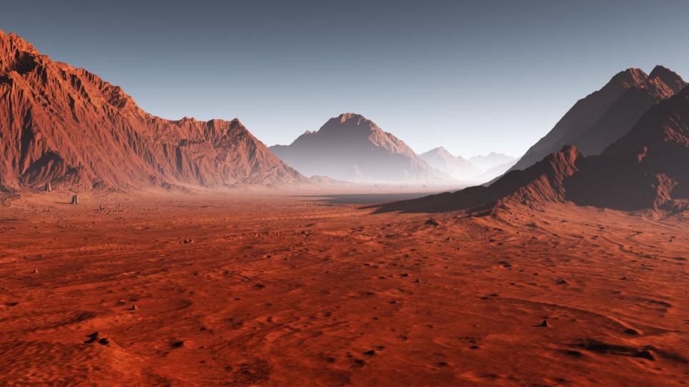 火星的插图.红色的地表和山脉.